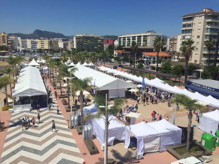 Vista de un gran evento al aire libre con carpas y un grupo de personas disfrutando de diversas actividades.
