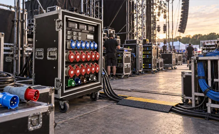 Escenario preparado con equipos y cables para la instalación eléctrica en un evento.
