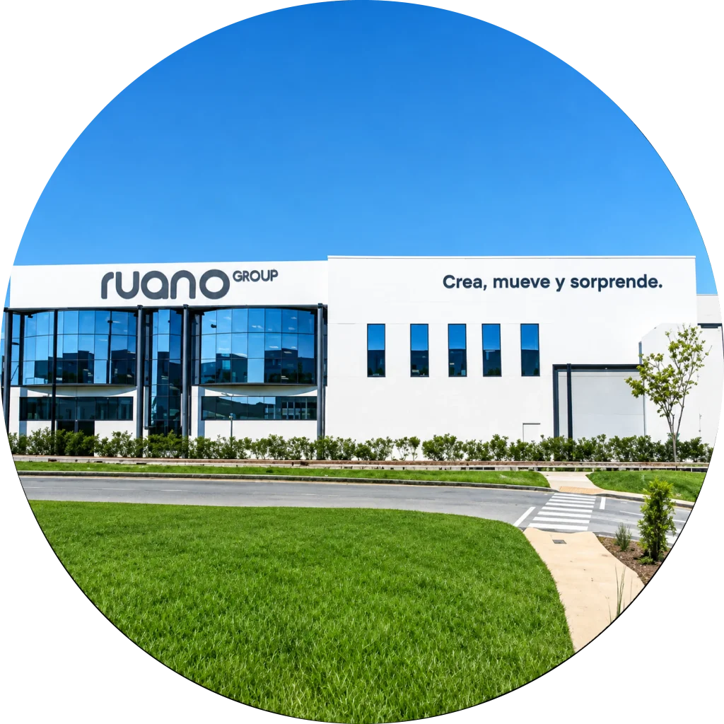 Edificio corporativo moderno de Ruano Group con fachada blanca y grandes ventanales de cristal