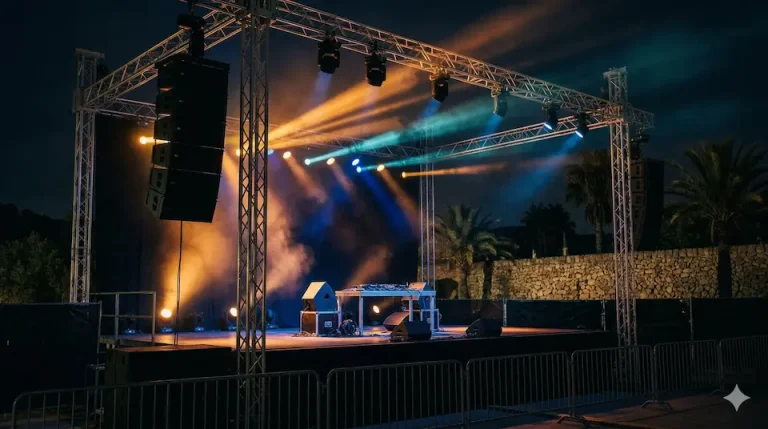 Escenario iluminado con micrófono en el centro, preparado para un evento de sonido e iluminación.