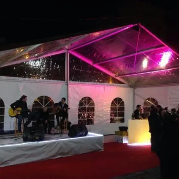 Carpa con un escenario en el centro, rodeada de personas de pie, disfrutando del evento al aire libre.