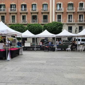 Mercado callejero con carpas y mesas, lleno de productos frescos y artesanías locales.
