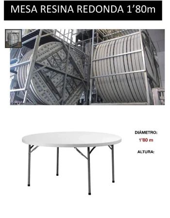 Mesa redonda de resina de 180 cm de diámetro, ideal para exteriores, con un diseño moderno y elegante.