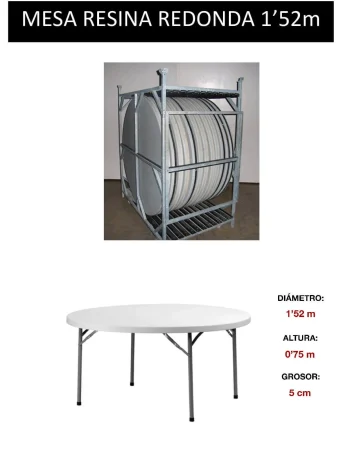 Mesa redonda de resina de 152 cm de diámetro, ideal para exteriores, con un diseño moderno y elegante.