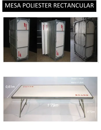 Mesa rectangular de poliéster de 179x61 cm de diámetro, ideal para exteriores, con un diseño moderno y elegante.