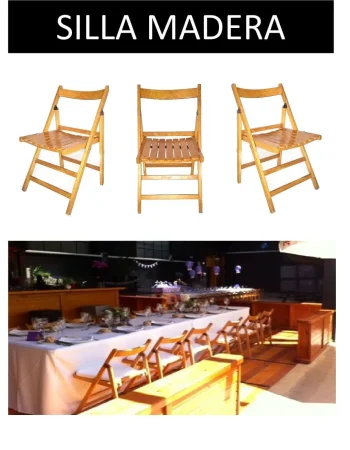 Silla de madera, diseñada para eventos, mostrando elegancia y funcionalidad en un ambiente decorado.