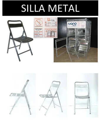 Silla plegable de metal, con un diseño sencillo y funcional, ideal para espacios reducidos y eventos temporales.