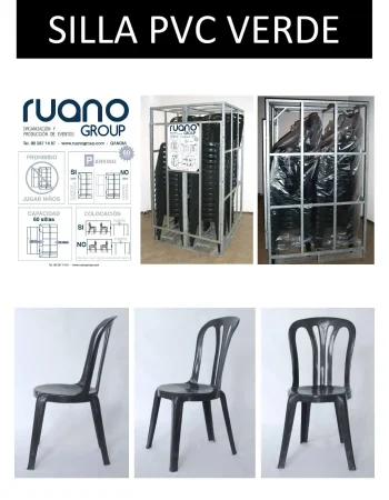 Silla de plástico PVC verde, diseño moderno y funcional, ideal para interiores y exteriores.