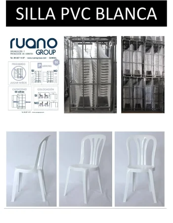 Silla blanca de PVC, con diseño moderno y minimalista, adecuada para interiores y exteriores.