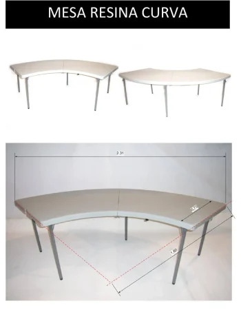 Medidas de una mesa con superficie curva, mostrando dimensiones y proporciones en un diseño elegante.