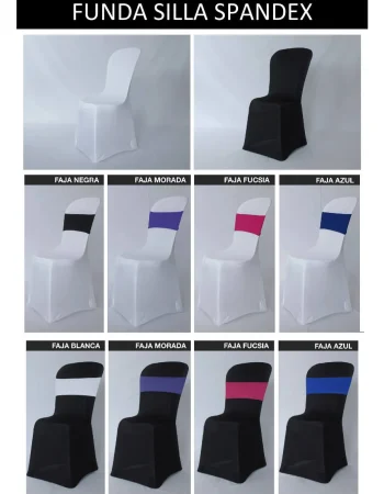 Fundas de sillas de diferentes colores en exhibición para la venta, mostrando una variedad de opciones decorativas.