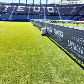 Campo de fútbol con una portería visible al fondo, rodeado de césped verde y líneas de juego marcadas.