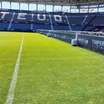 Campo de fútbol con una portería en el centro, rodeado de césped verde y líneas de juego marcadas.